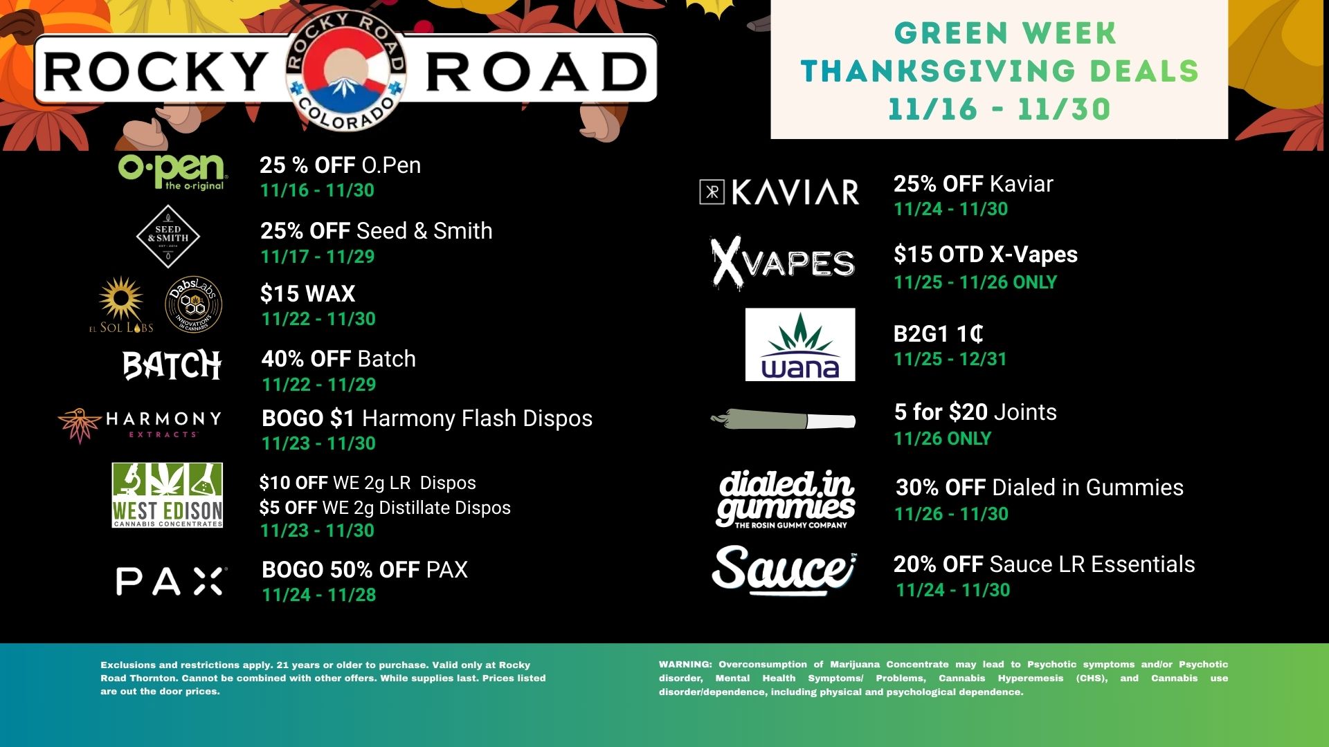 Thanksgiving and Black Friday deals, Rocky Road Thornton, dispensary near me