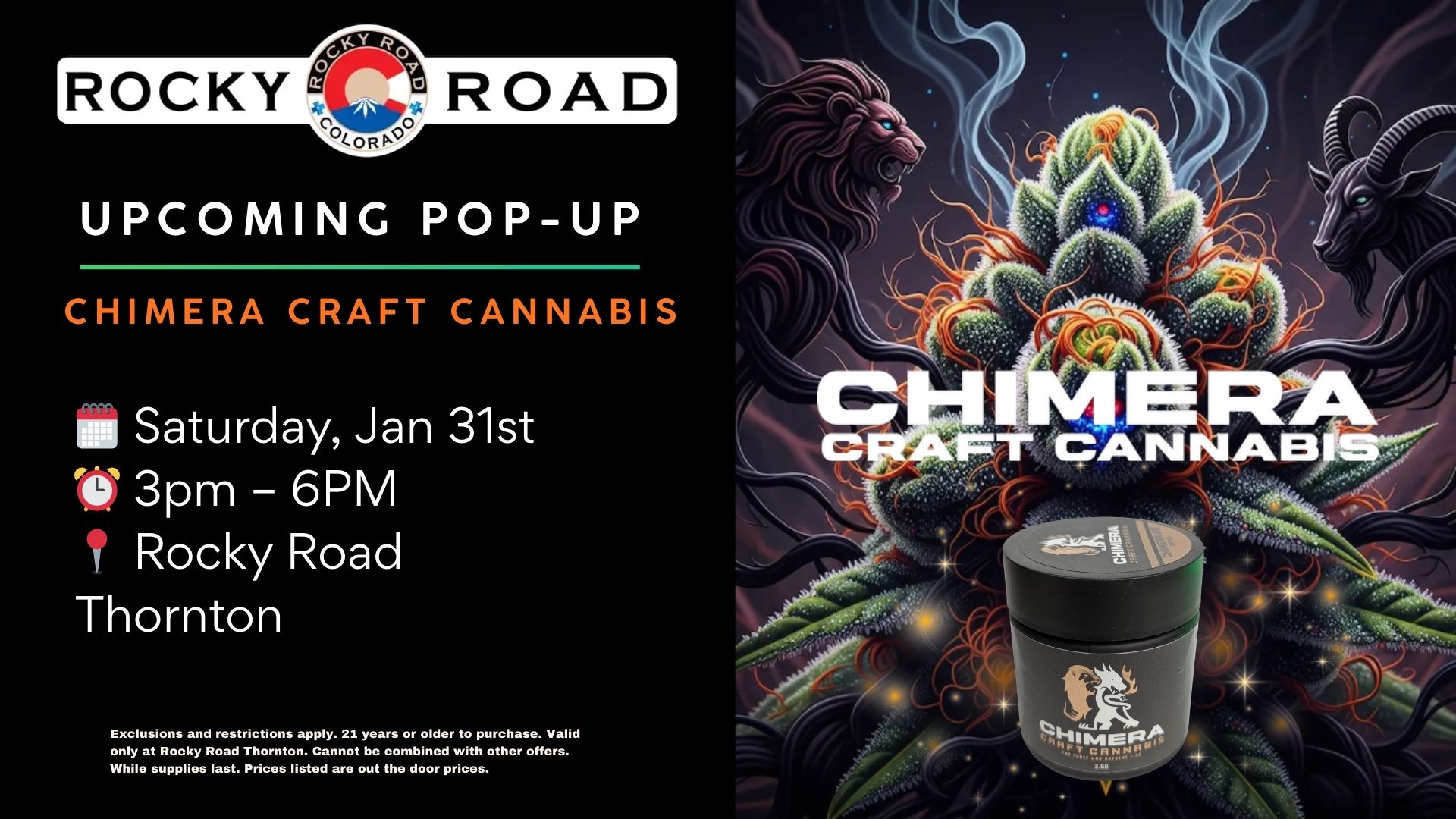 Thornton dispensary, Northglenn dispensary, Denver dispensary, recreational dispensary, dispensary near me, recreational dispensary near me, local dispensary, weed, cannabis, Chimera Pop-Up