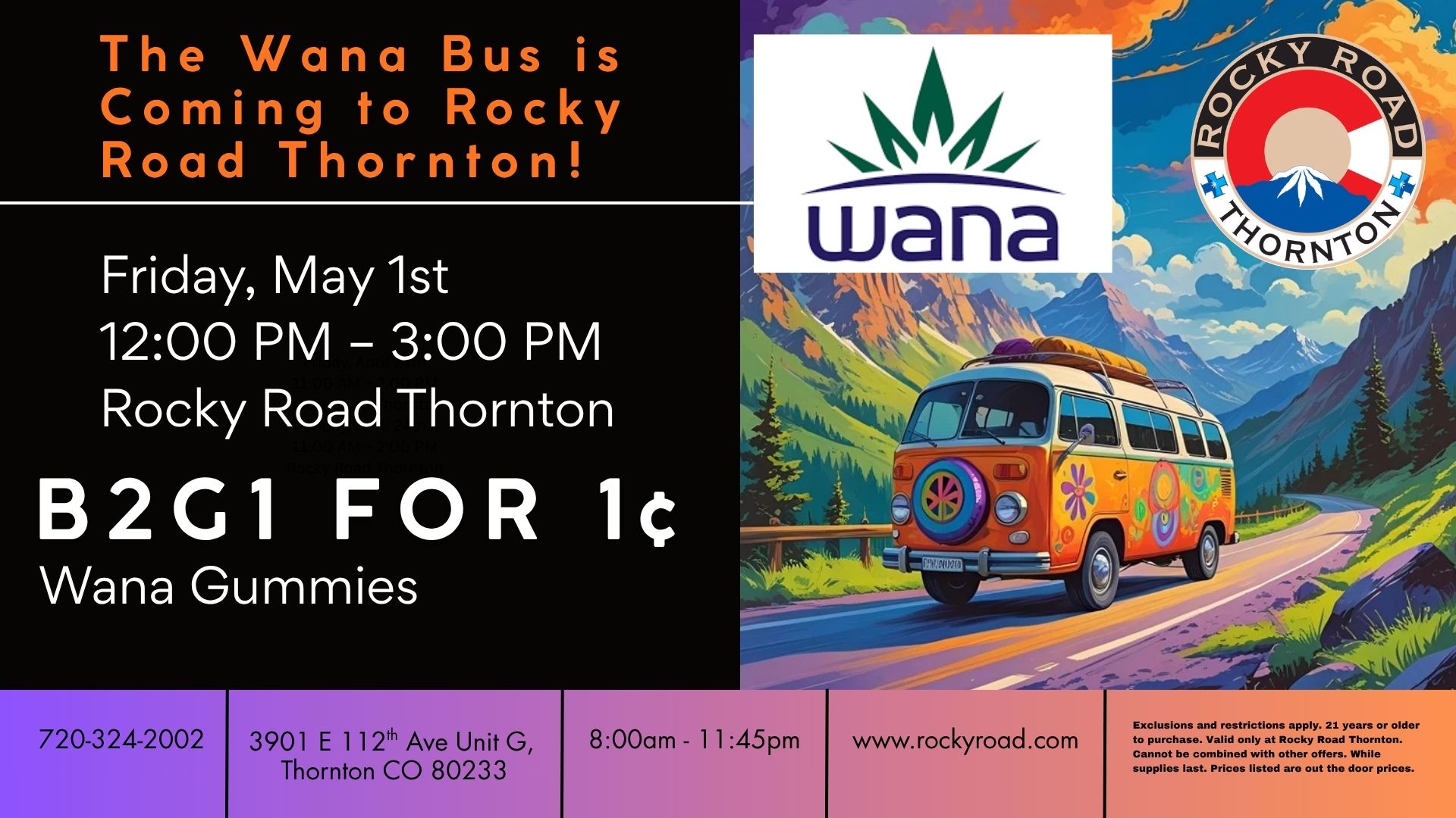 Wana Bus at Rocky Road Thornton, your local recreational dispensary near Denver, Northglenn, and Westminster