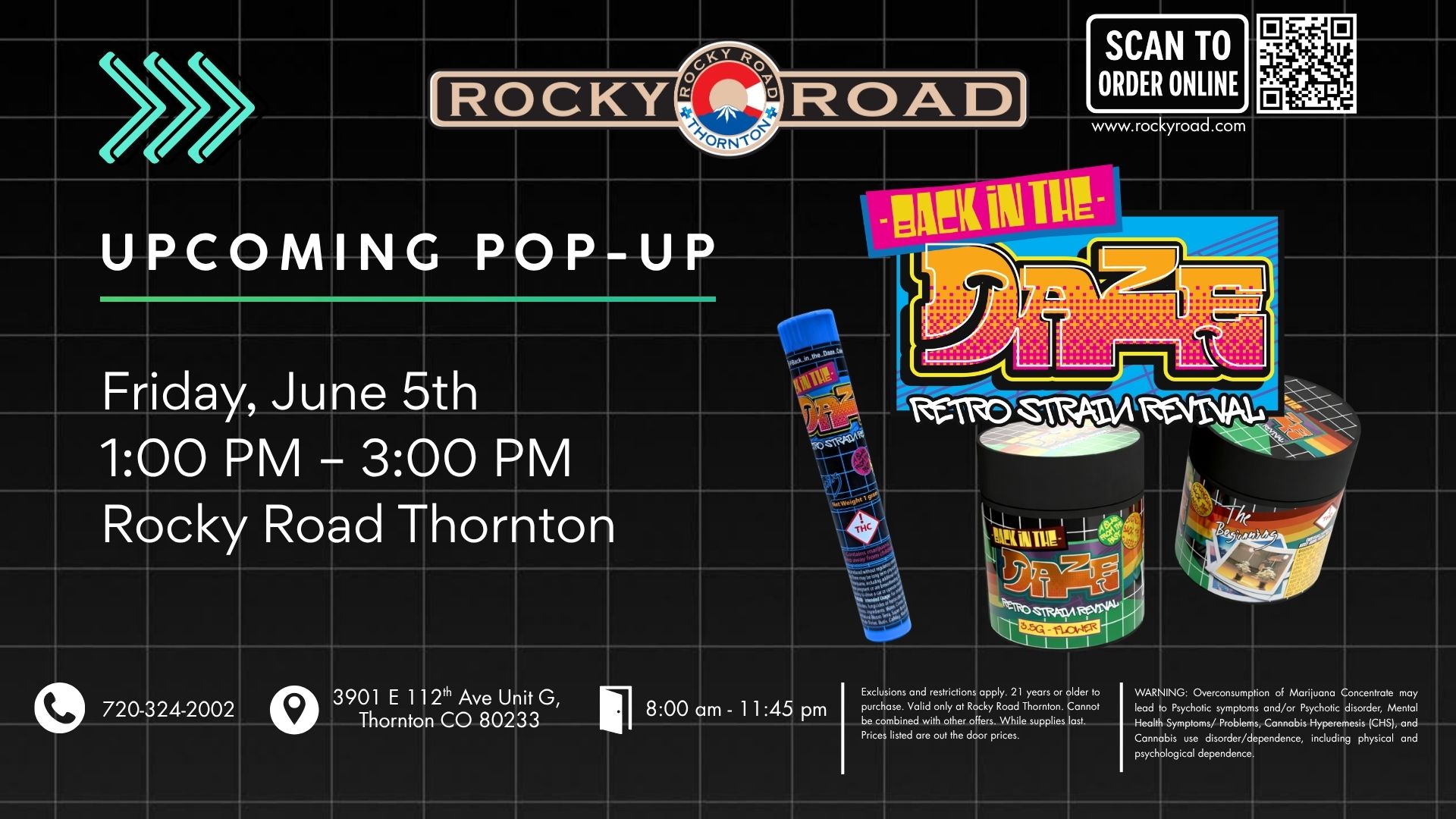 Back in the Daze Pop-Up on 6/5 from 1pm - 3pm at Rocky Road Thornton, your local recreational dispensary near me